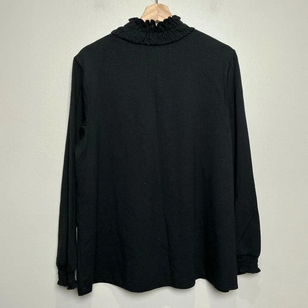J. Jill Mock Neck Top Womens 1X Black Smocked Ruffle Pima Cotton Modal NWT